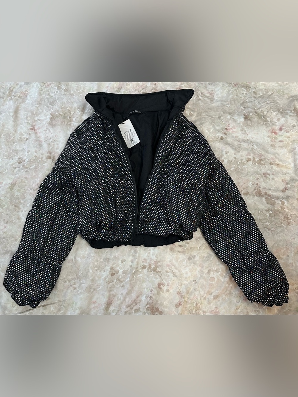 SHEIN Black Cropped Rhinestone-Embellished Puffer Jacket